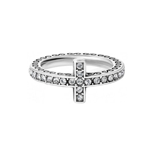 Silver plated ring with a cross band studded in crystals featuring an etched scroll pattern.