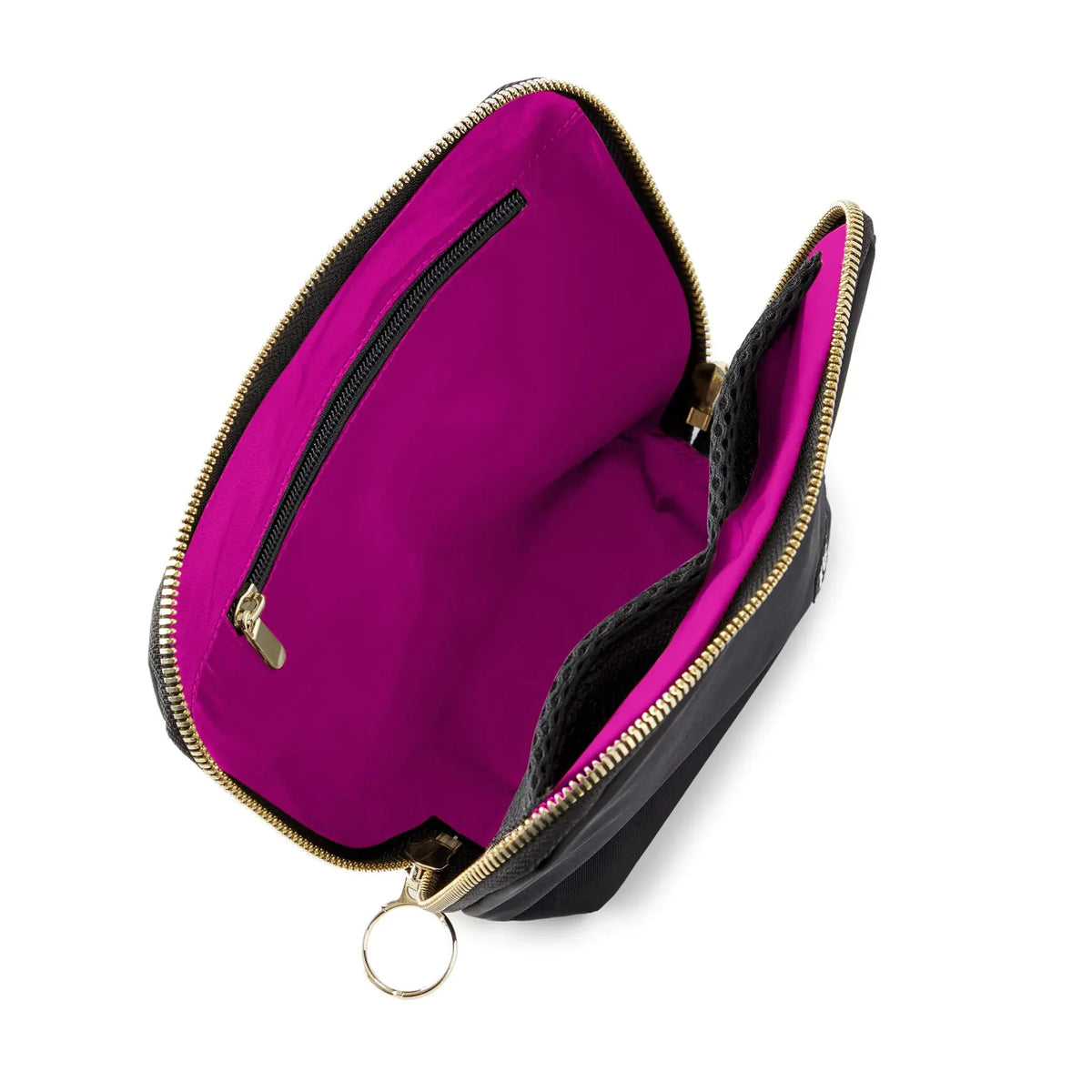 Open empty fabric makeup bag with gold hardware showing three-sided zipper opening