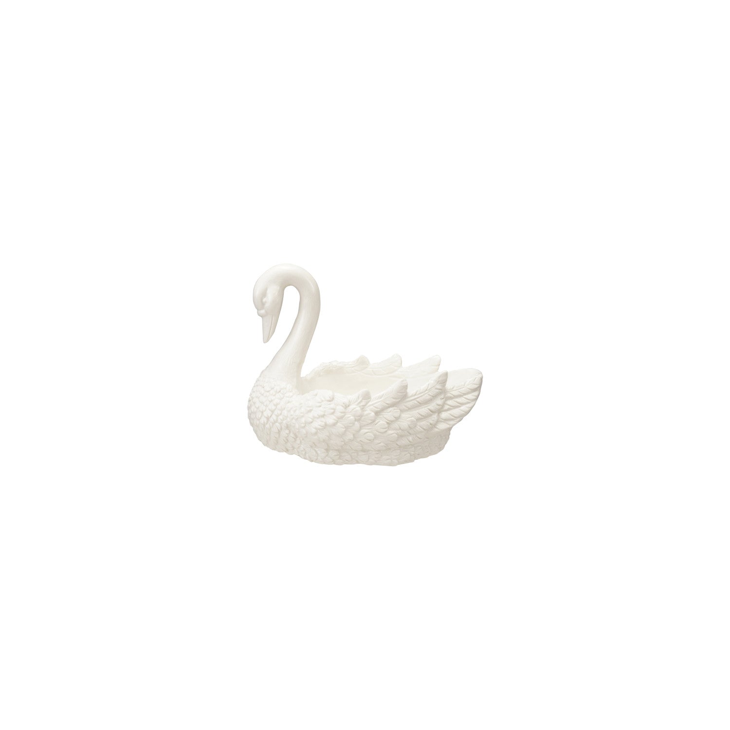 White stoneware dish shaped like a swan with detailed feather textures.
