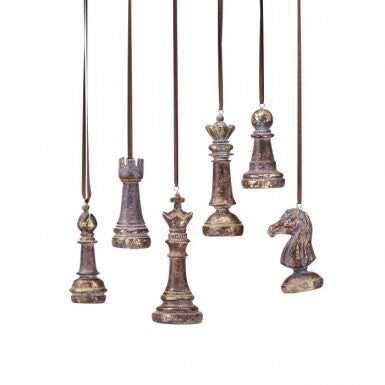 Set of six resin chess piece ornaments in a weathered gold and bronze finish hanging from ribbons.