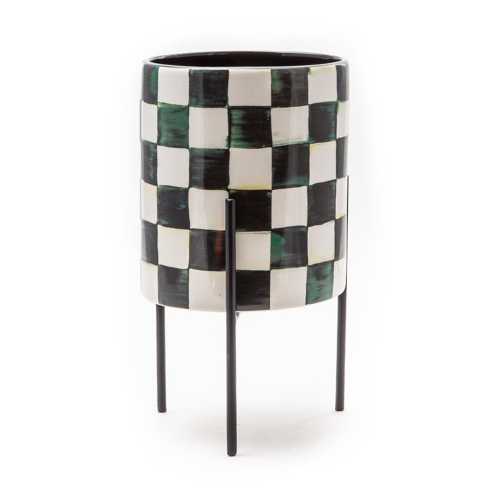 Courtly Check tabletop planter with a square ceramic shape featuring a blue and white checkered pattern.