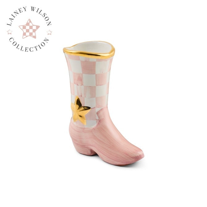 Pink and white checkered cowboy boot bud vase with gold star and rim accents.