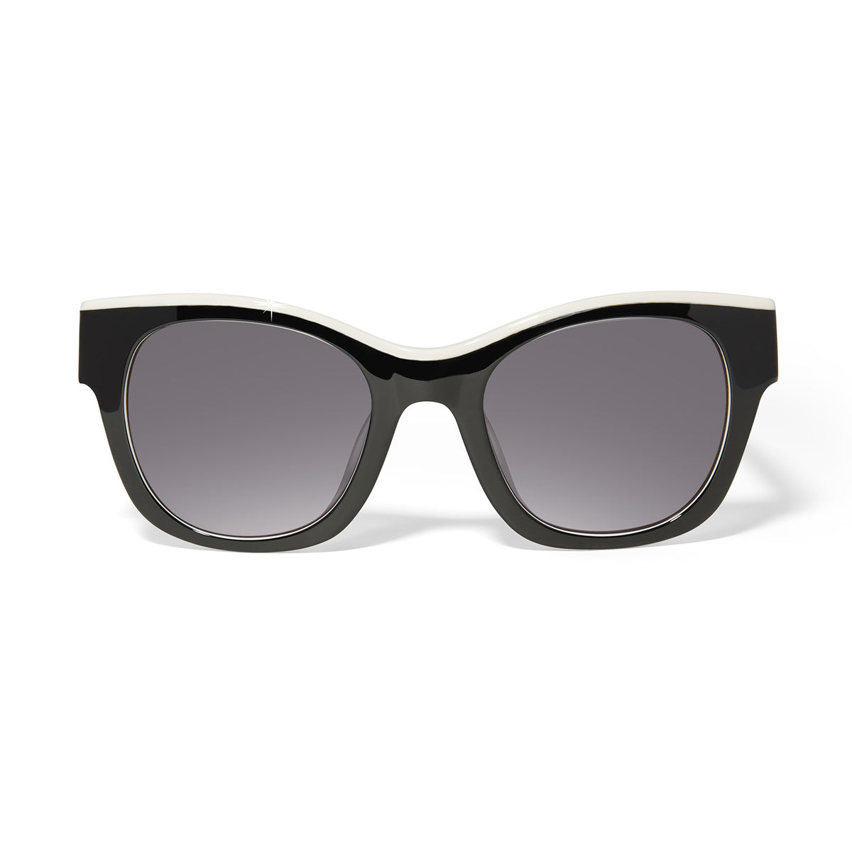 Oval Contempo dual-tone sunglasses with black frames, white lenses, silver accents, and UVA/UVB protection.