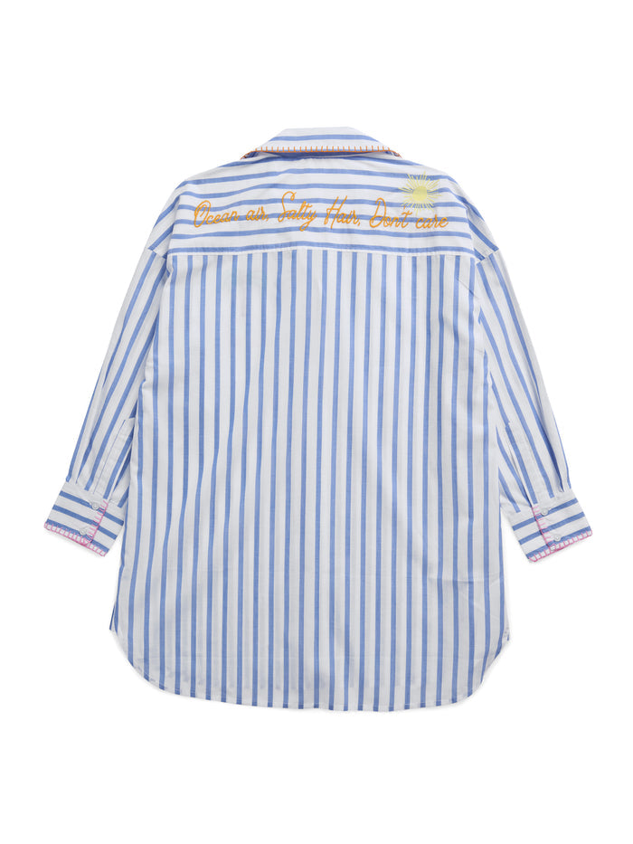 Relaxed-fit cotton button-down cover-up shirt in Beach/Ocean Air with palm tree embroidery and 'Beach' text on front.