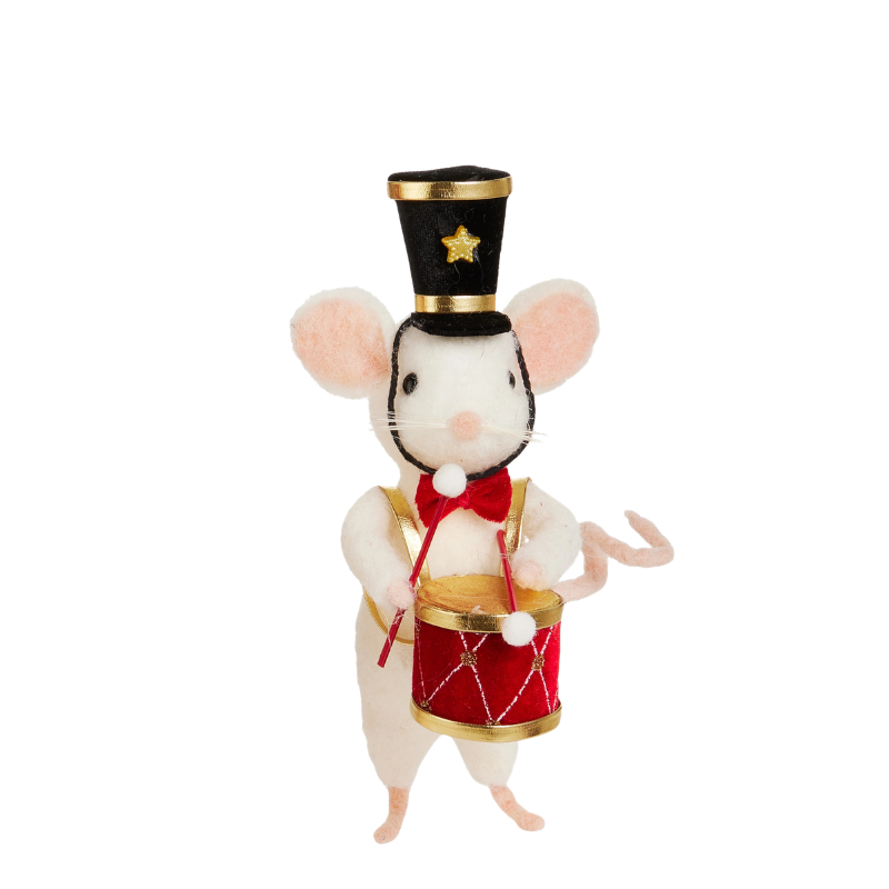 7-inch white felt drummer mouse ornament wearing a black top hat and playing a red and gold drum.