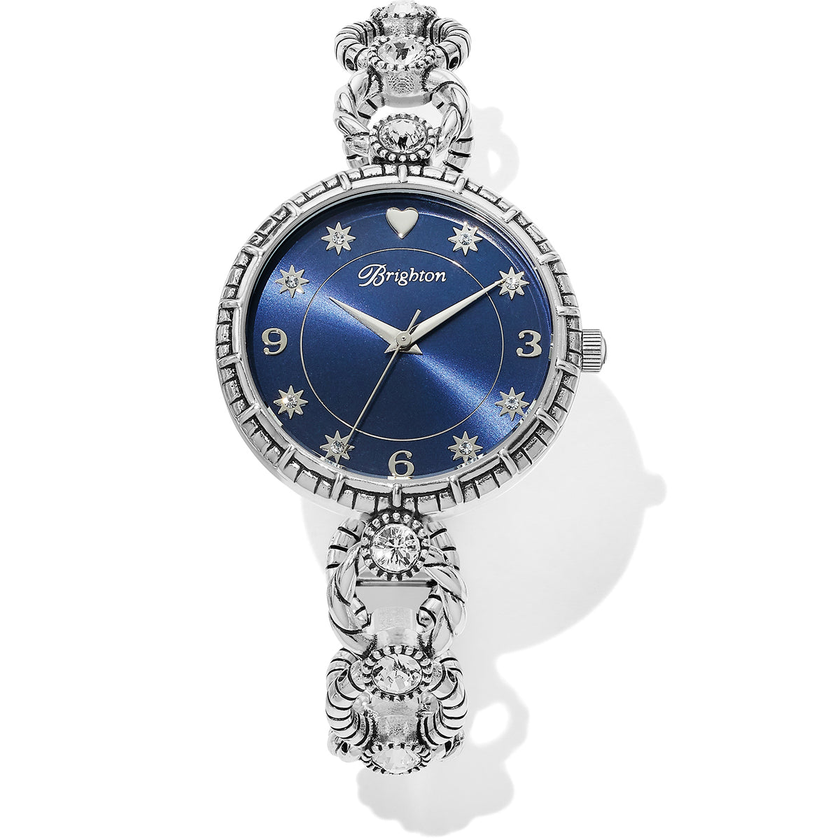 Silver plated Star City watch with blue face, adjustable links, and fold-over clasp.