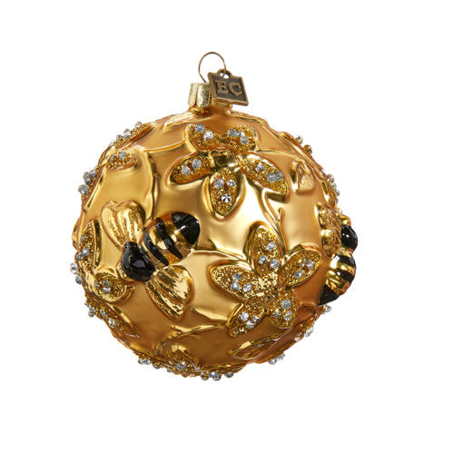 Glass gilded bee ball ornament with gold finish measuring 3.5 inches