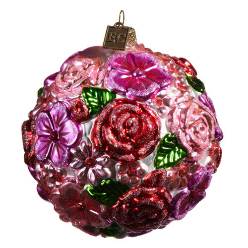 Glass flower ball ornament with pink petals measuring four inches.