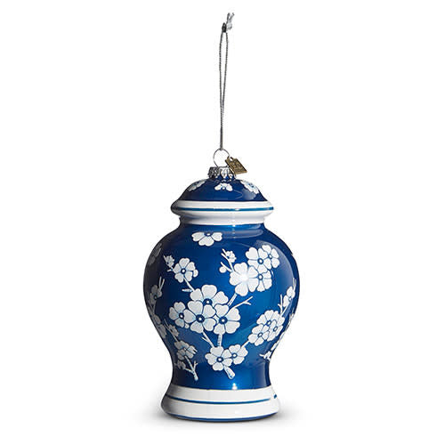 Blue-and-white glass ginger jar ornament with classic silhouette.
