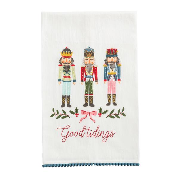 Cotton hand towel with snowglobe print and contrast mini pom trim