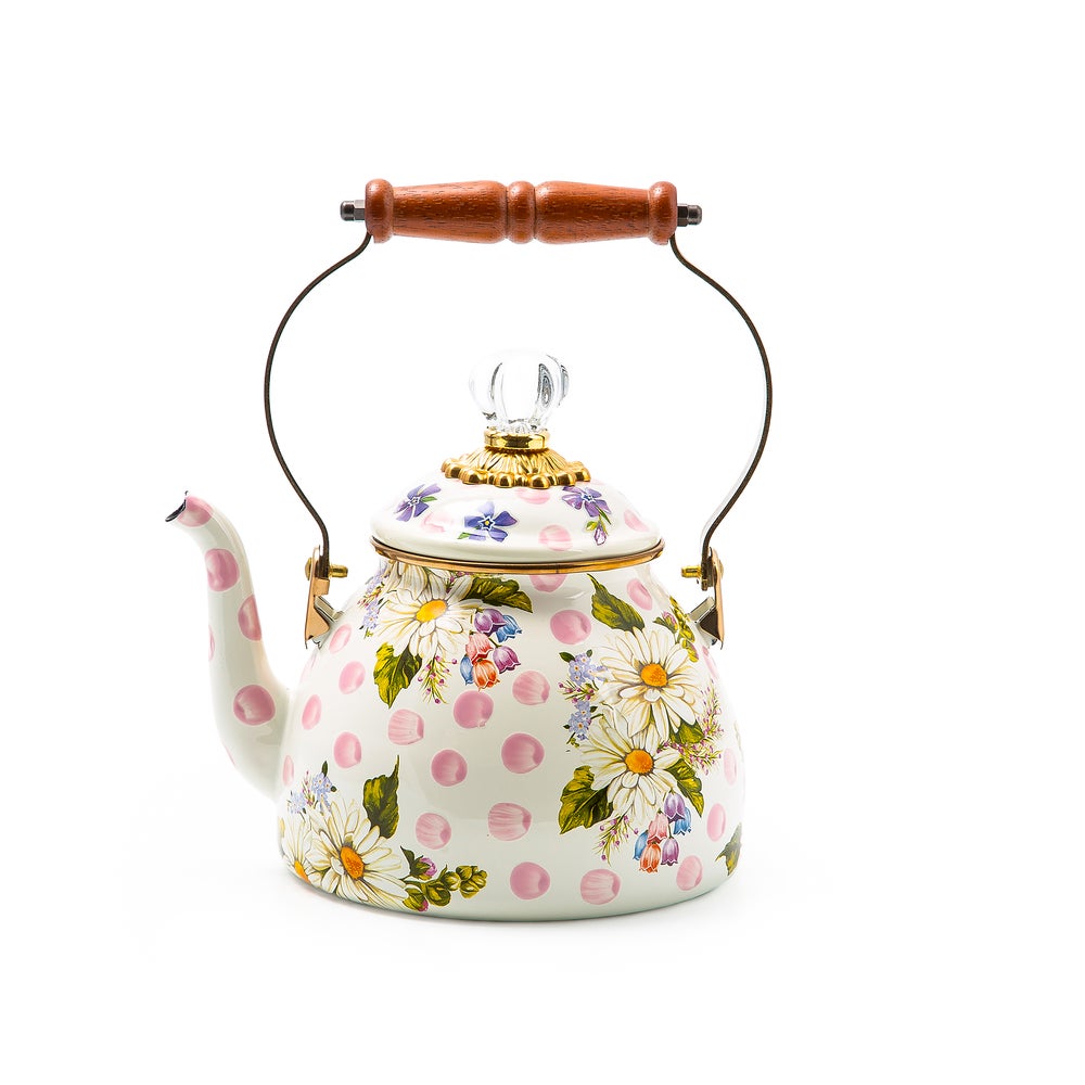 Wildflowers Pink 2 Quart Tea Kettle with floral patterns, pink polka dots, and a wooden handle.