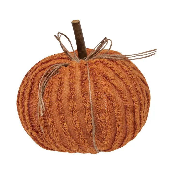 6-inch orange chenille fabric pumpkin with a brown stem and twine bow detail.