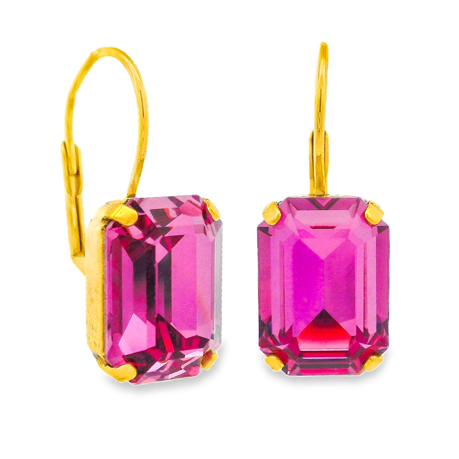 Rubin Hook Earrings featuring emerald-cut pink crystals in antique gold-plated settings.