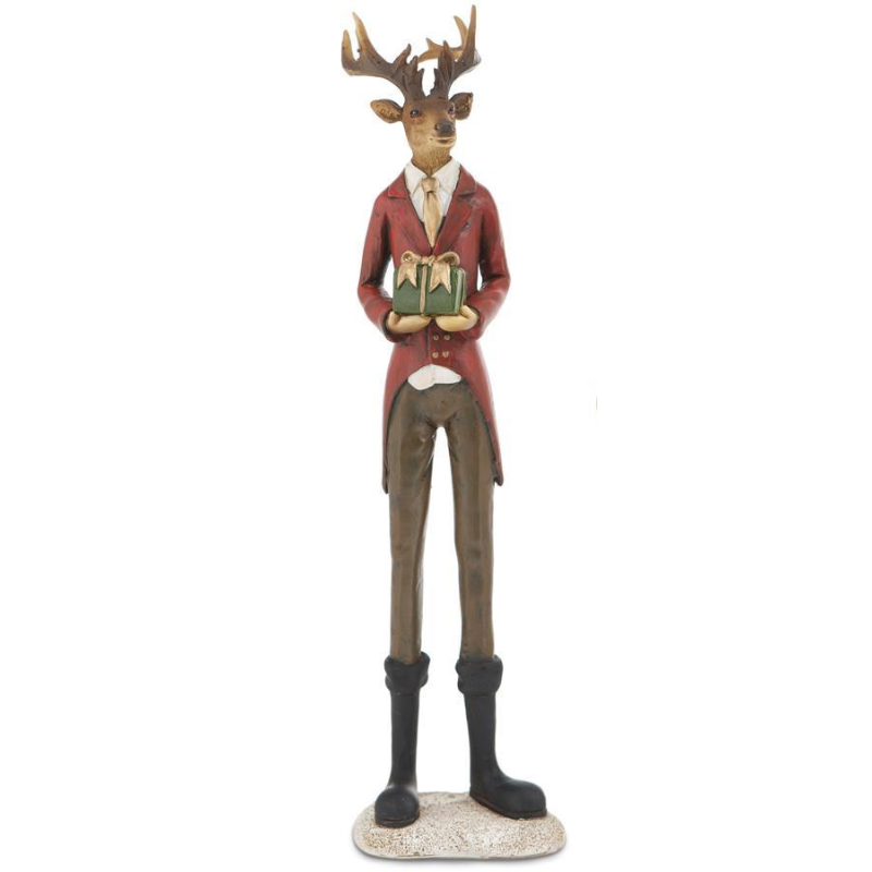 12.5-inch resin reindeer figurine wearing a red suit and holding a green gift box.