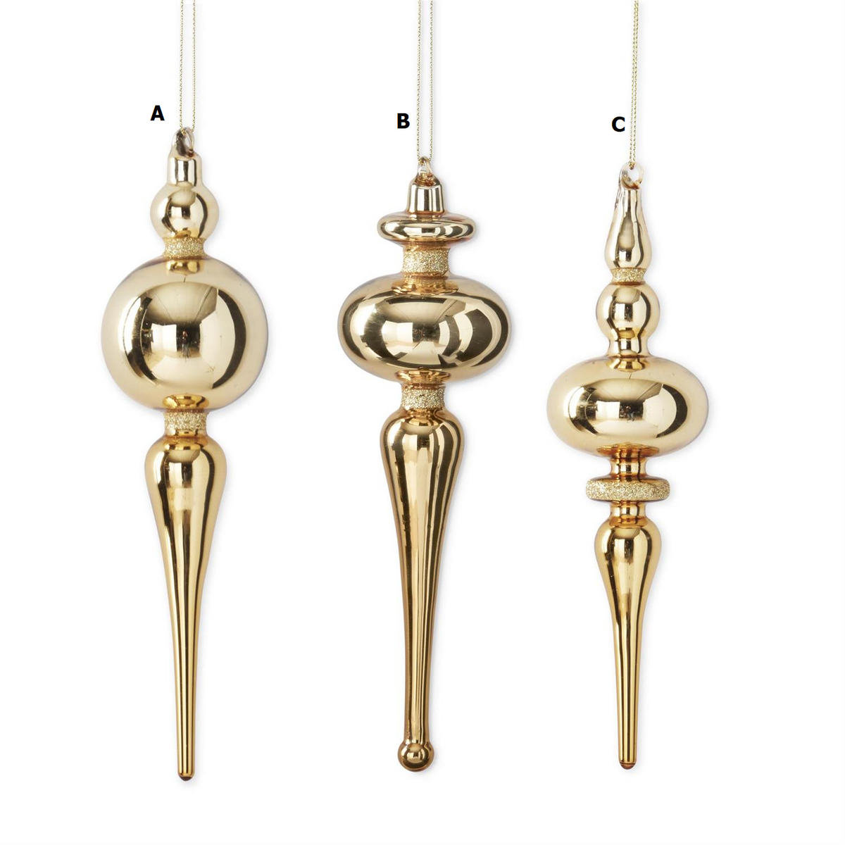 Nine-inch gold glass finial ornament with glitter trim