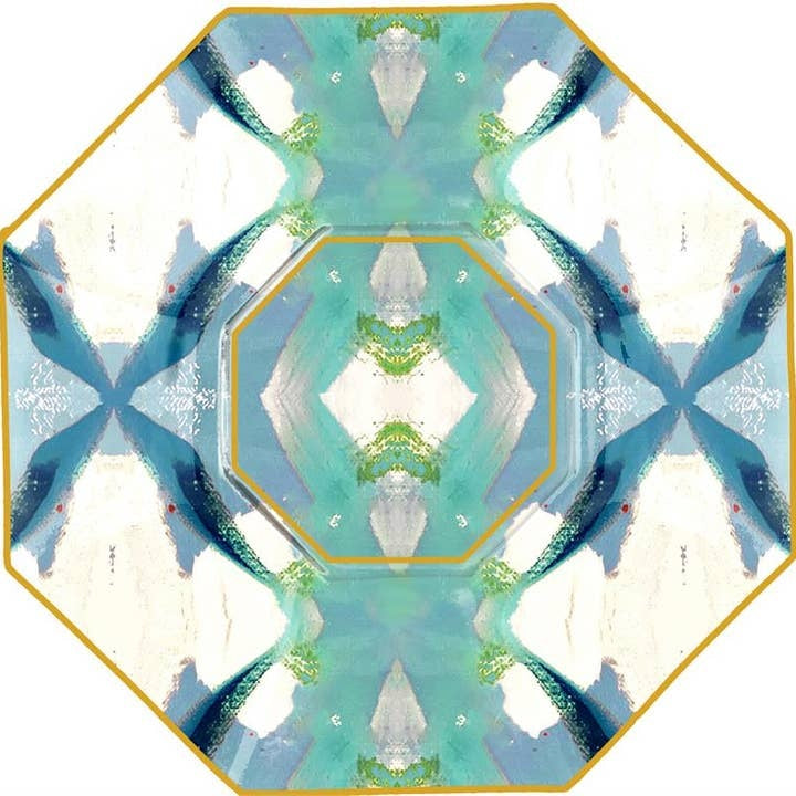 Octagonal decoupage glass plate with hand-painted gold rim and floral artwork.