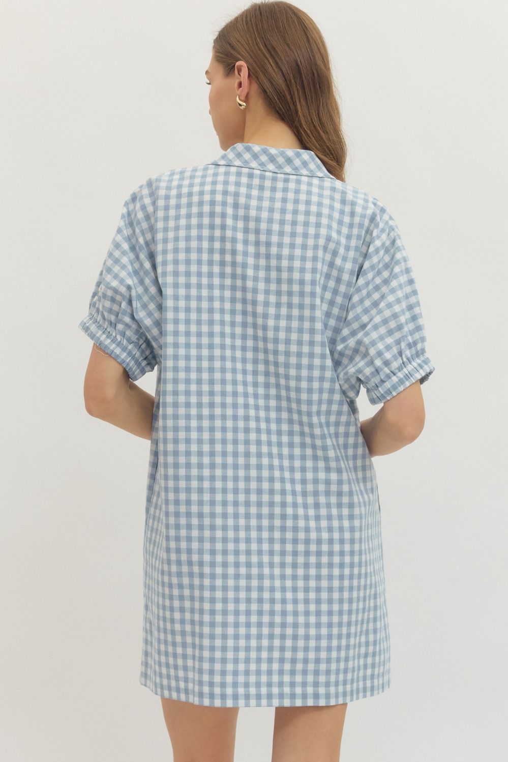 Back view of a woman wearing the Naomi Gingham Short Sleeve Mini Dress in light blue and white.