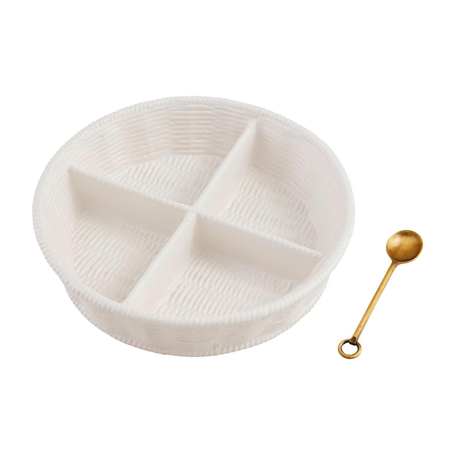 White woven-texture stoneware tidbit server with four sections and a small gold-toned spoon.