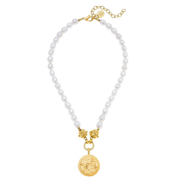 Blue Willow Pearl Necklace featuring white freshwater pearls and a gold coin pendant.