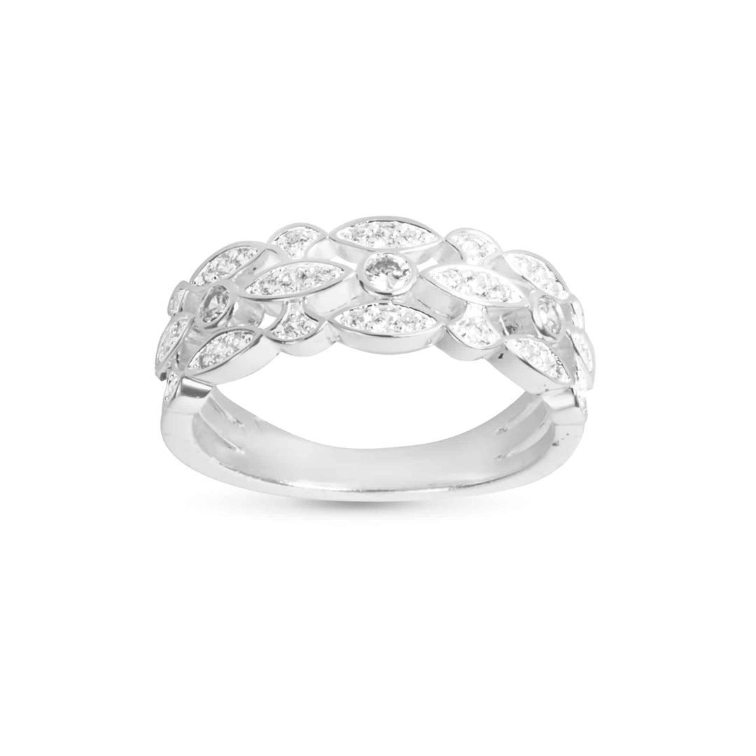 Silver braided ring featuring intricate woven patterns set with shimmering cubic zirconia stones.