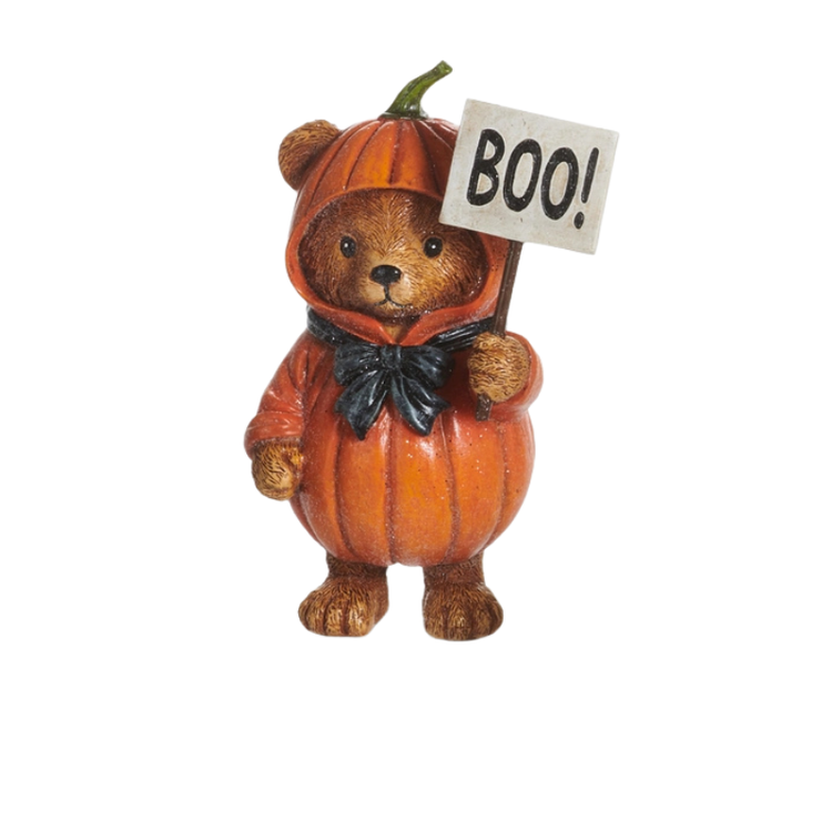 5.75-inch resin teddy bear figurine wearing an orange pumpkin costume and holding a BOO! sign.