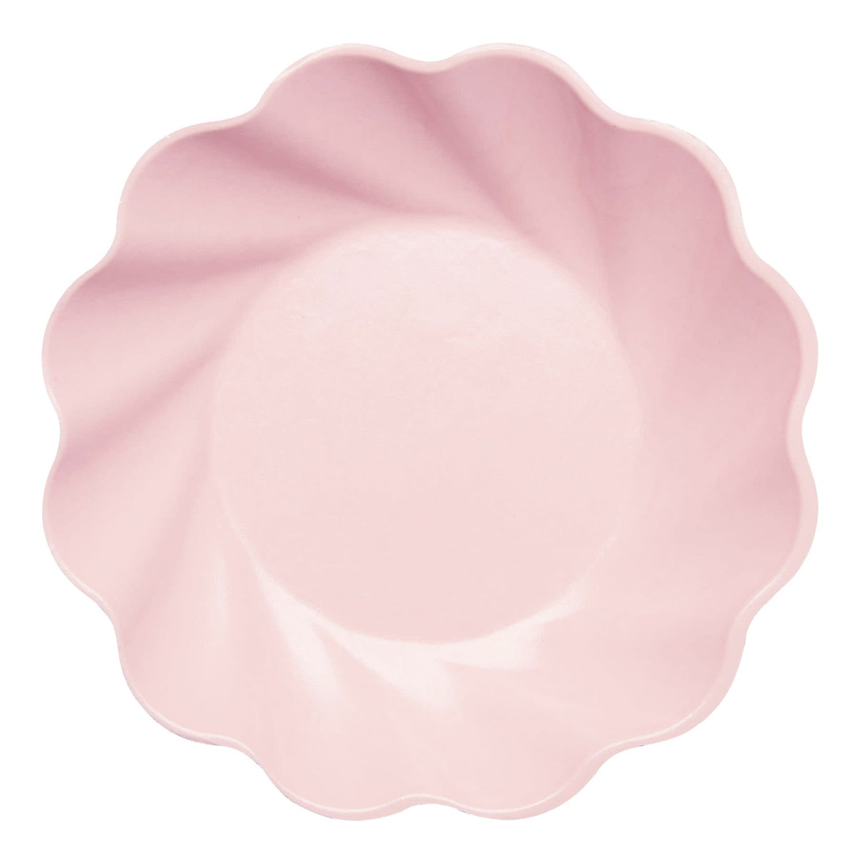 Blush-colored wavy eco-friendly bamboo salad plate with a sturdy compostable silhouette.