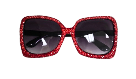 Oversized square sunglasses with red rhinestone-encrusted frames and dark tinted lenses.