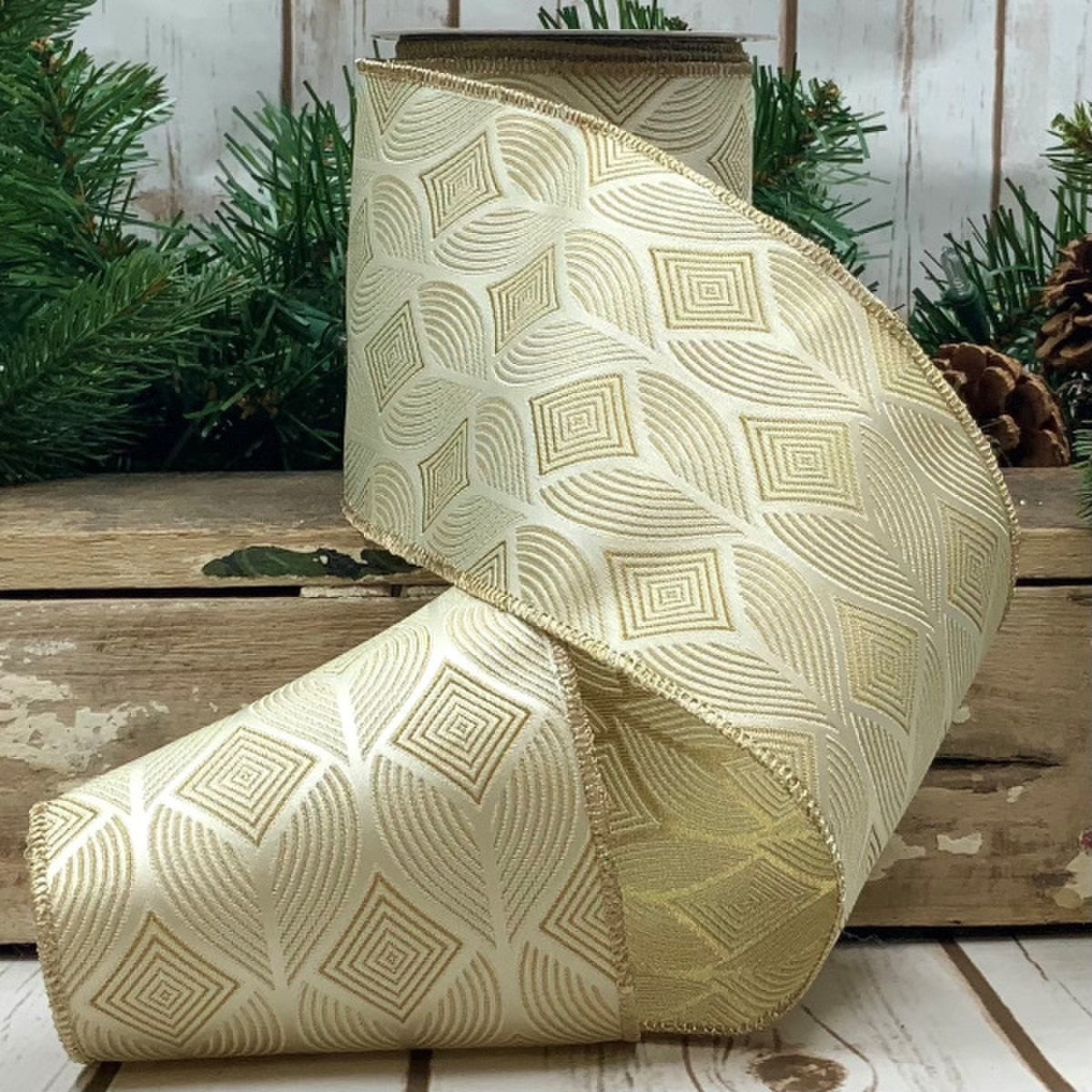 Ivory jacquard diamond-patterned fabric swatch measuring four inches by ten yards.