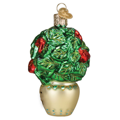 Glass Plant Mom ornament featuring a green leafy plant with red flowers in a cream-colored pot.
