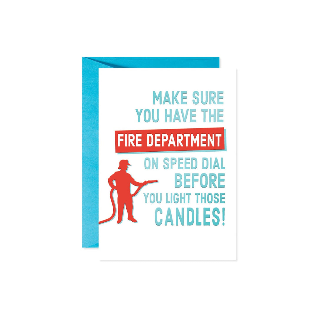 Birthday greeting card featuring a house filled with firemen in red uniforms against a dark background.