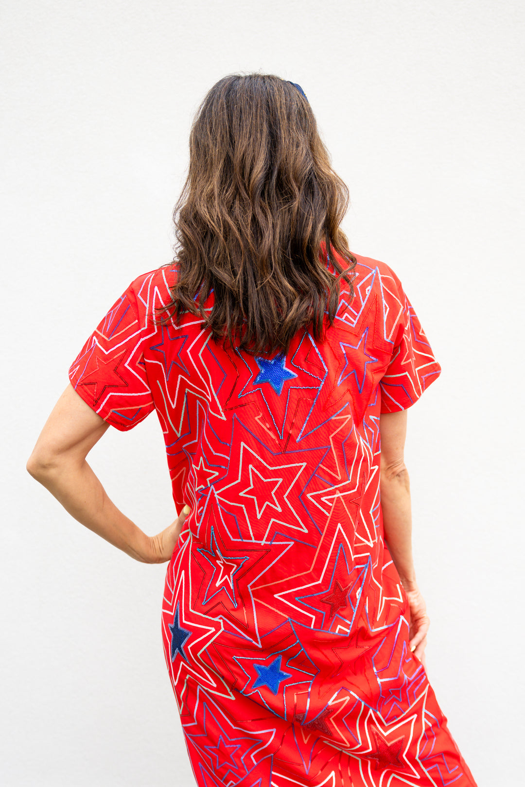 Red, White & Blue Groovy Star Midi Tee Dress