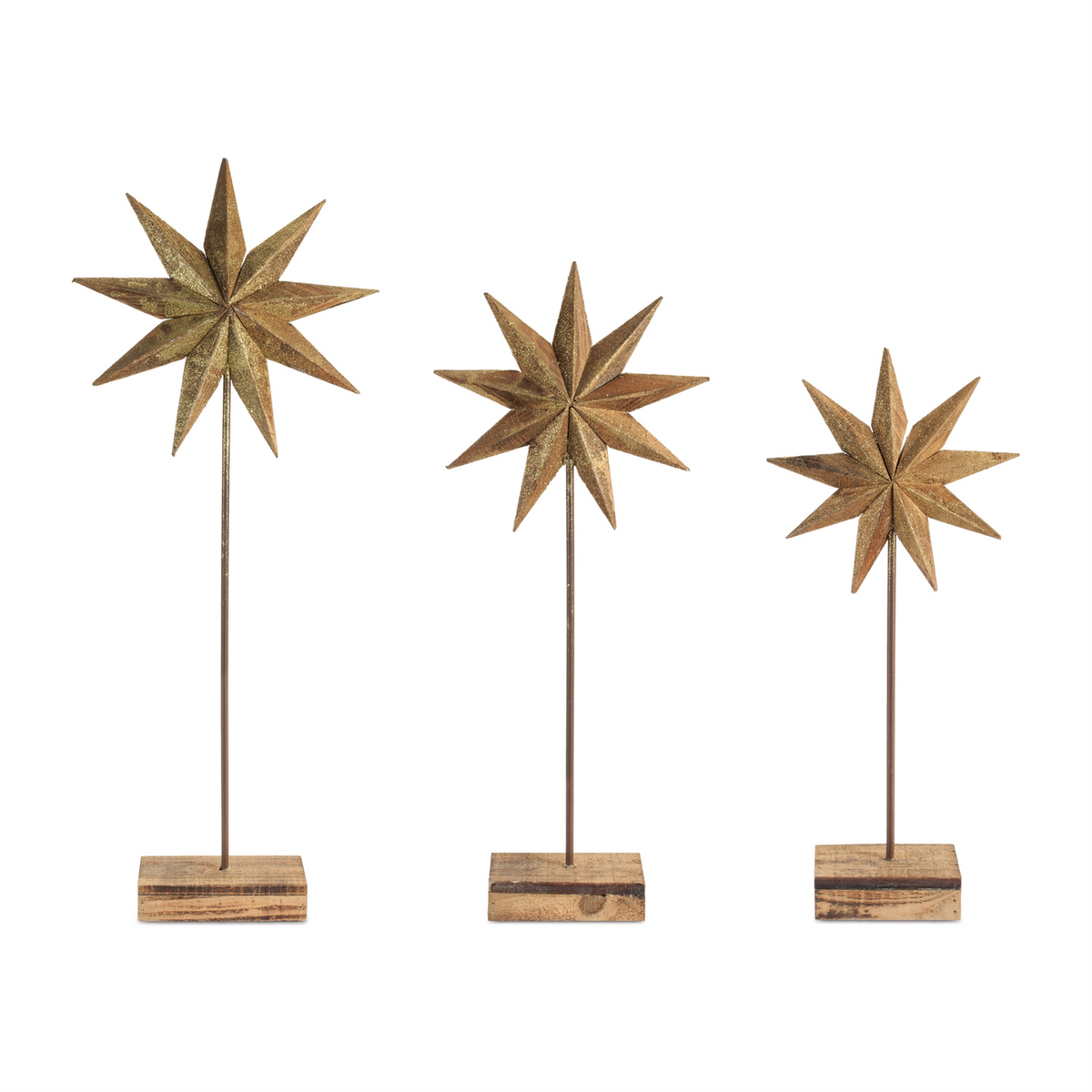 Three gold glittered wooden stars on thin metal stands with rectangular wood bases in varied sizes.