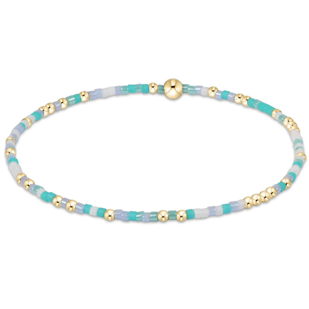 Hope Unwritten bracelet featuring mixed seed beads in various colors with gold-filled accents on elastic cord.