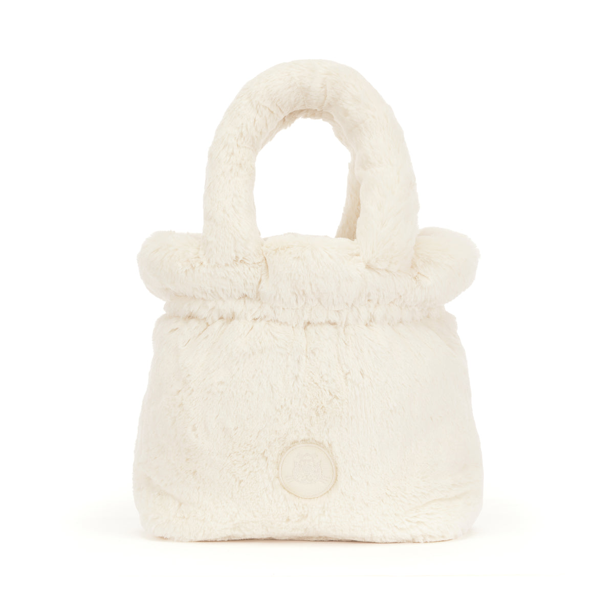 Rufferty Puppy Handbag made of soft, cream-colored faux fur with a matching top handle.