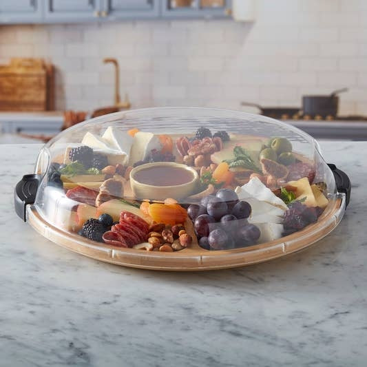 Round bamboo make-and-take tray with two black handles