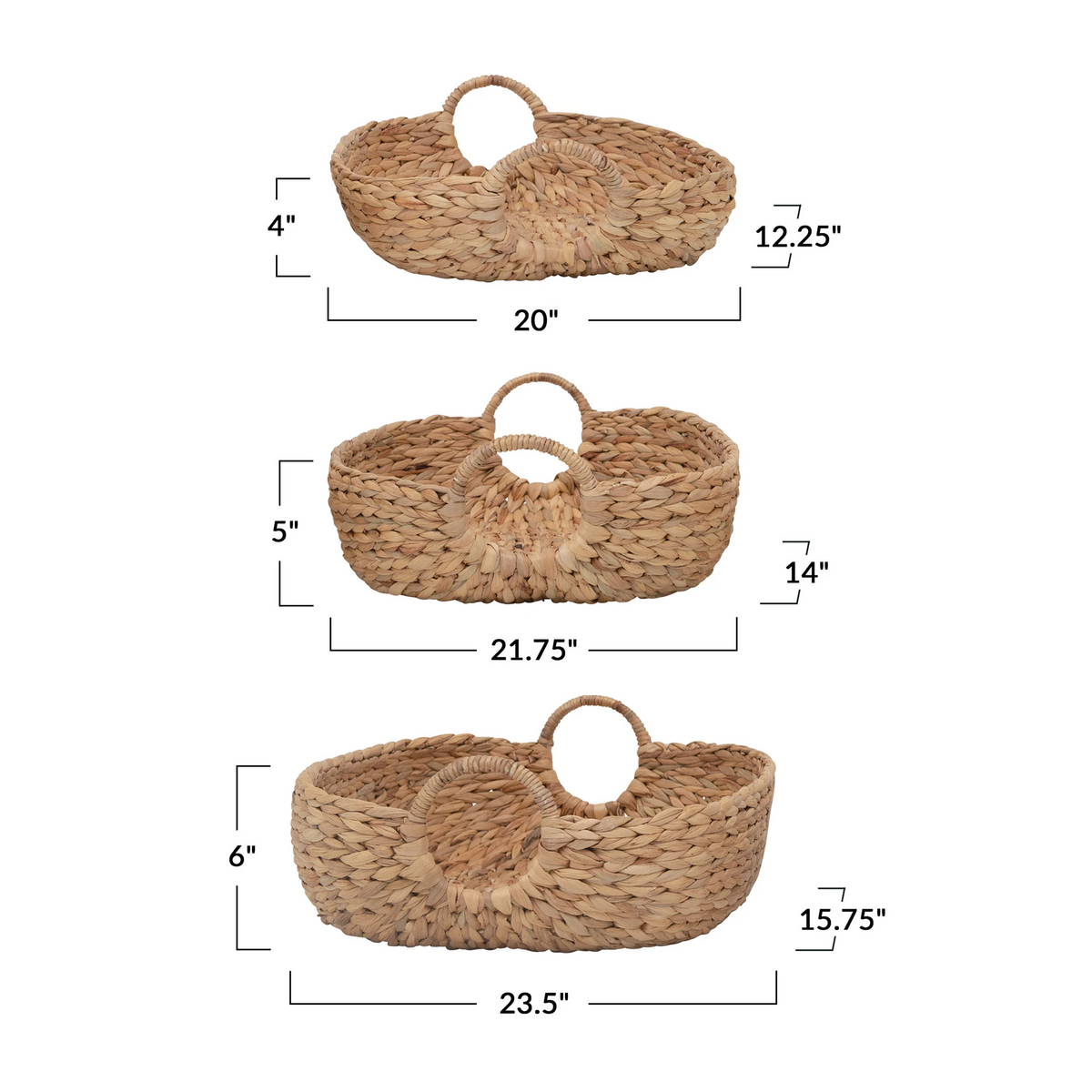 Hand-woven water hyacinth basket in natural beige with a rounded silhouette.