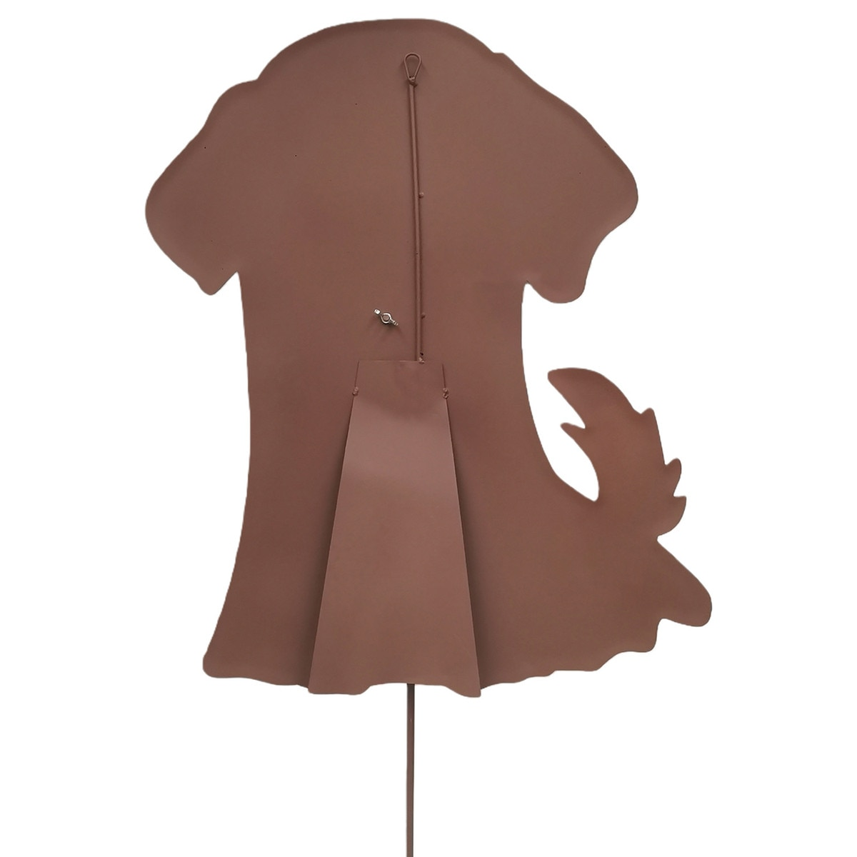 Back view of a brown metal ghost puppy garden stake showing the support stand and mounting rod.