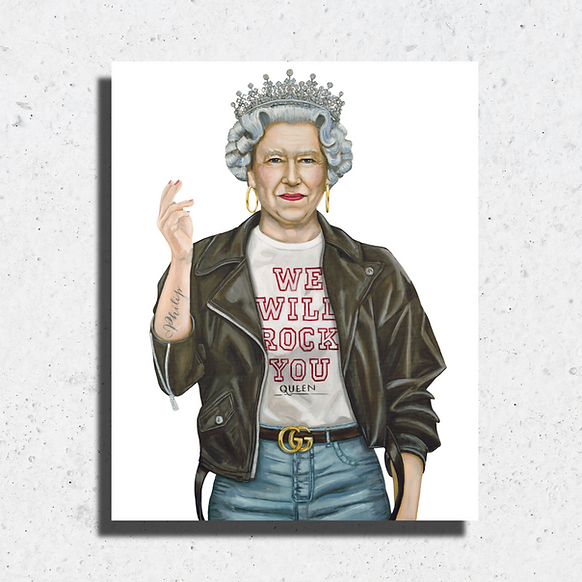 Queen Elizabeth II wearing a leather jacket, t-shirt with 'We Will Rock You' text, and a Gucci belt.