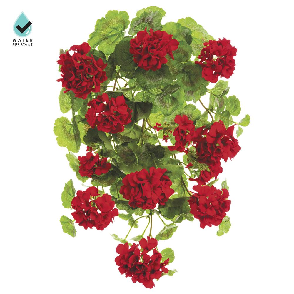 Red polyester hanging bush geranium with wire support