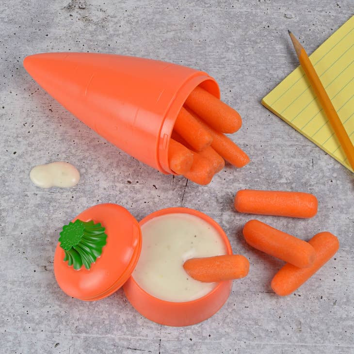 Reusable carrot container with dip lid in natural vegetable tones