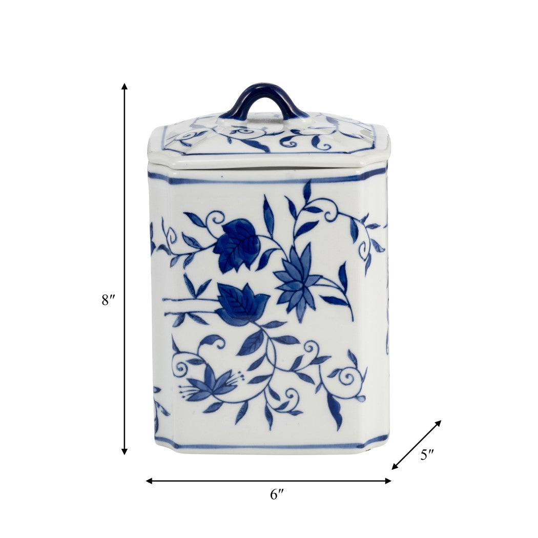 8-inch blue and white ceramic chinoiserie floral decorative jar with lid and dimensions shown.