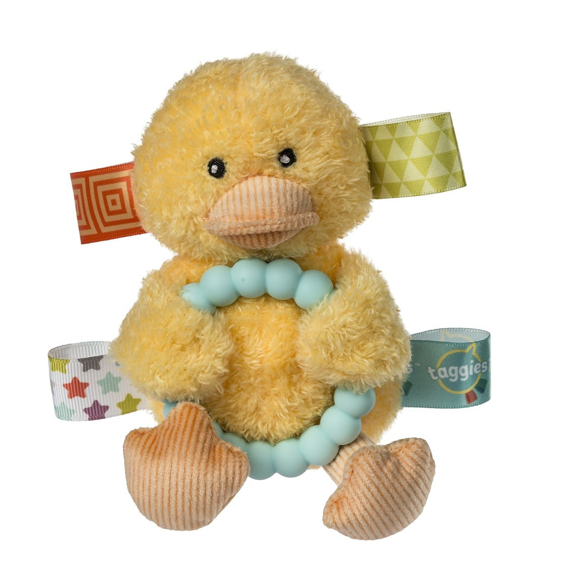 Mary Meyer Taggies Dunkin Duck plush rattle with a light blue silicone teether ring and satin tags.