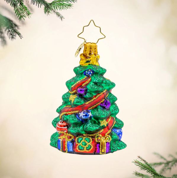 Wintery Tannenbaum Gem glass Christmas tree ornament with colorful baubles and gifts at the base.