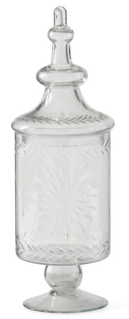 Clear glass etched lidded apothecary jar with vintage-style silhouette