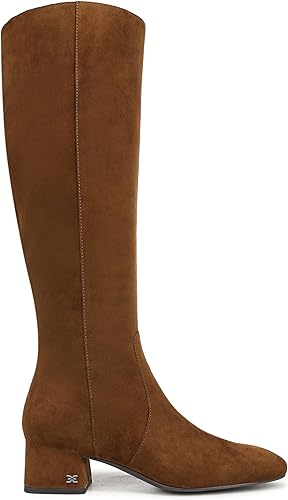 Brown suede knee-high Porter boot with a low block heel and side stitching detail.