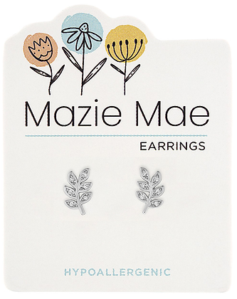 Silver CZ branch stud earrings on a Mazie Mae card featuring floral illustrations.