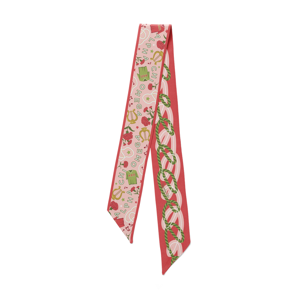 Pink and red silk skinny scarf with Alpha Chi Omega text, lyres, and green rope patterns.