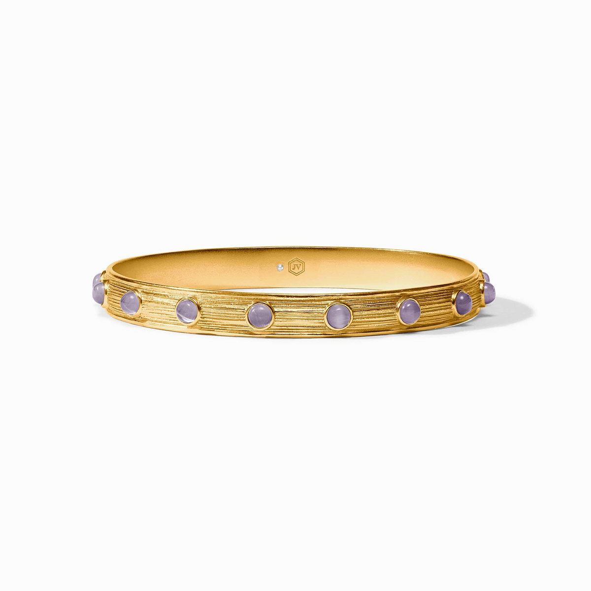 Gold-plated Cobblestone Stone Bangle with round lavender glass accents and a textured finish.