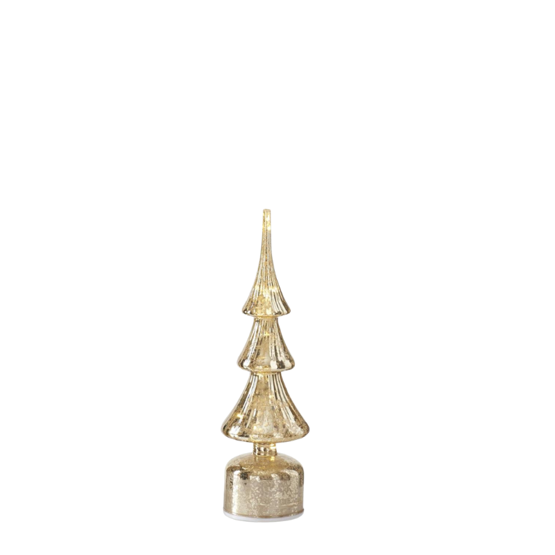 Rotating ribbed gold mercury glass LED Christmas tree with a warm glow on a white background.