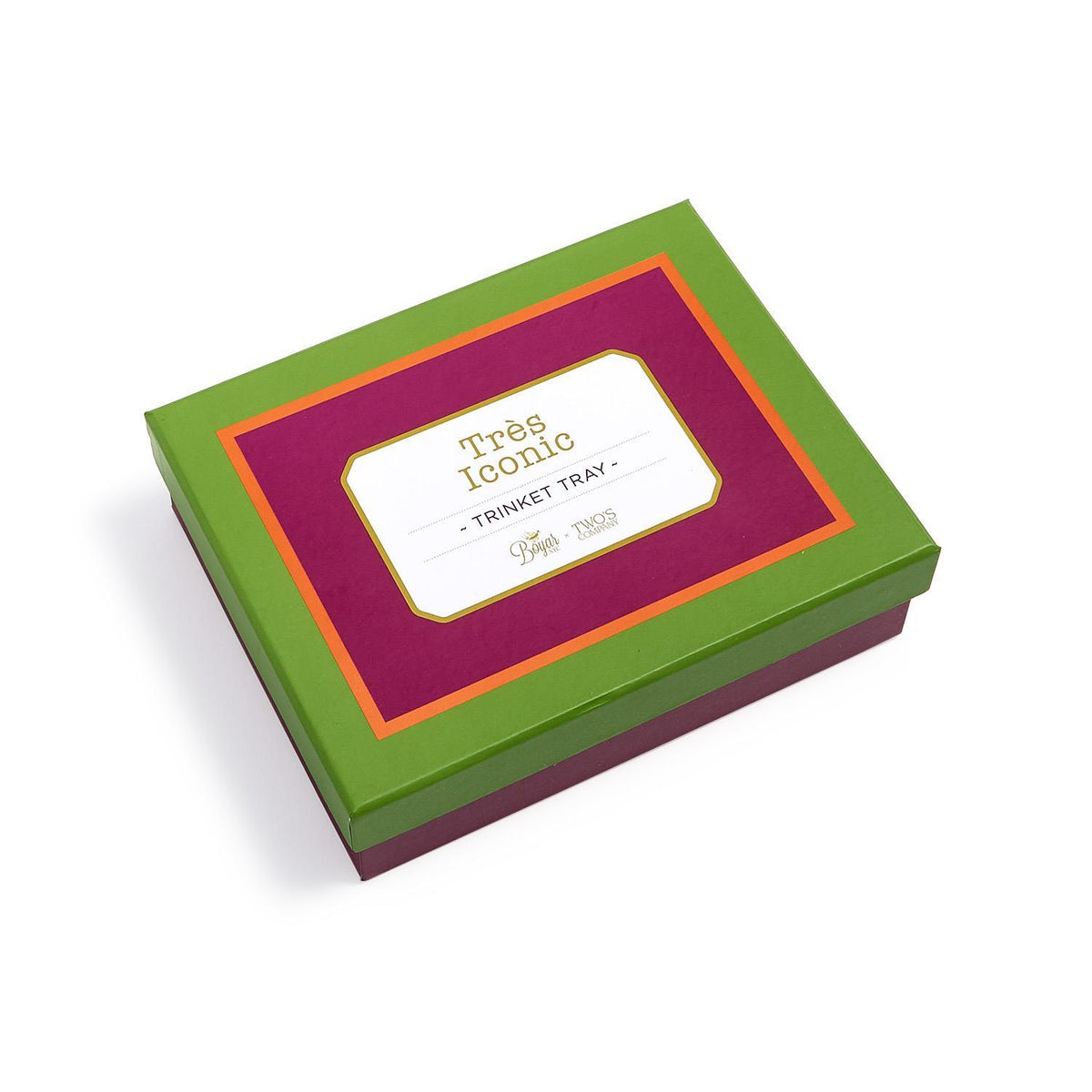 Green and pink gift box for the Très Iconic Trinket Tray by Boyar NYC for Two's Company.